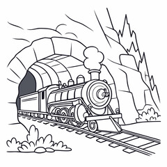 steam locomotive emerging from tunnel black and white line art © shahin