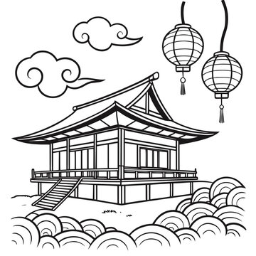 japanese tea house illustration black and white line art with clouds