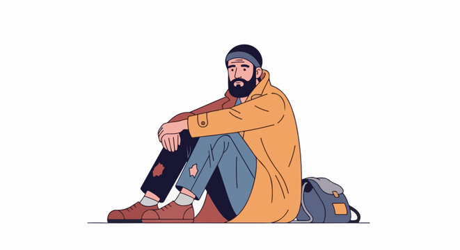 A person with a beard sits with a backpack, looking solemn in worn clothing