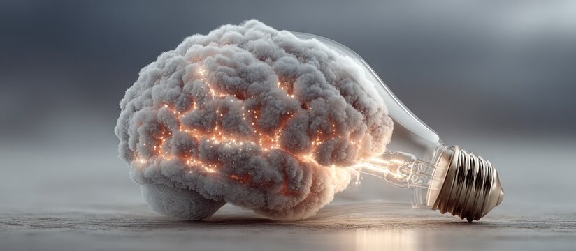 Brain-shaped cloud in a lightbulb, glowing with thought