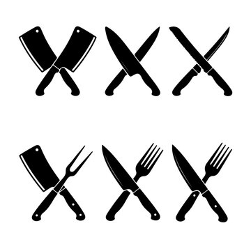 Crossed Kitchen Knives and Cutlery Silhouette Icons Vector Set