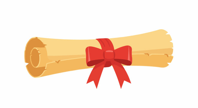 Rolled parchment scroll tied with a red ribbon and bow on white
