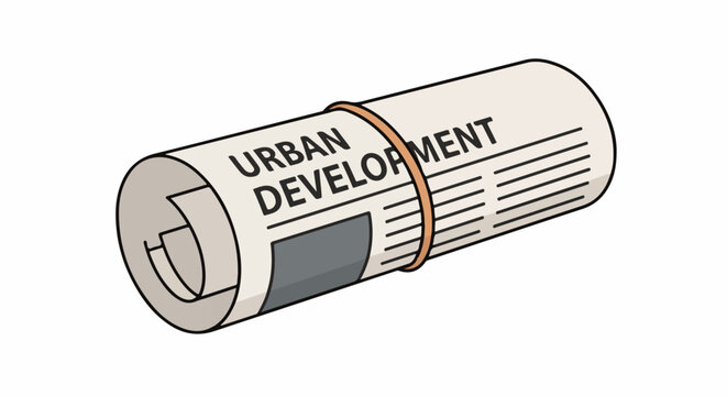 Rolled newspaper d "Urban Development" secured by a rubber band