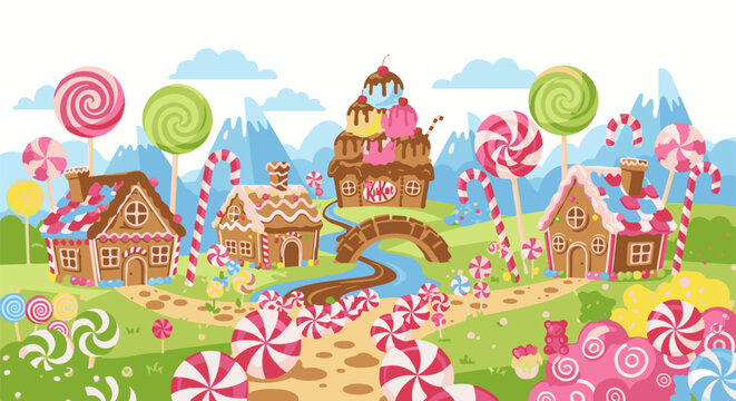 Whimsical candy land with gingerbread houses, lollipops, and mountains