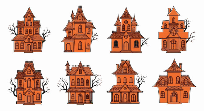 Collection of stylized orange haunted houses with spooky bare trees