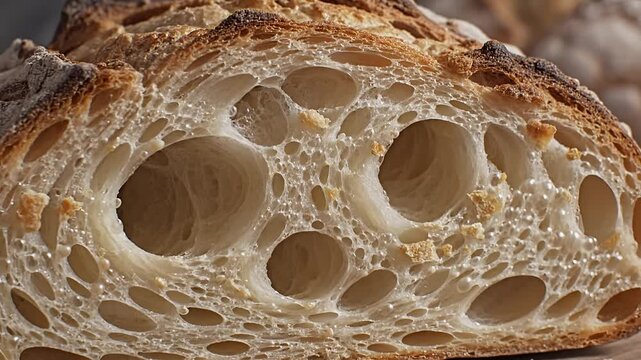 Closeup macro shot of the porous crumb structure of artisan sourdough bread.