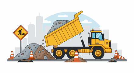 Fototapeta premium Yellow dump truck unloading dirt and rocks at a construction site