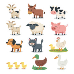 Fototapeta premium Cute farm animals collection bundle with cow sheep pig and goat, domestic livestock vector illustration