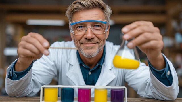 Scientist mixes vibrant solutions in laboratory setting. Bright colors create engaging visual interest in clean workspace. Concept of science communication, education, chemistry