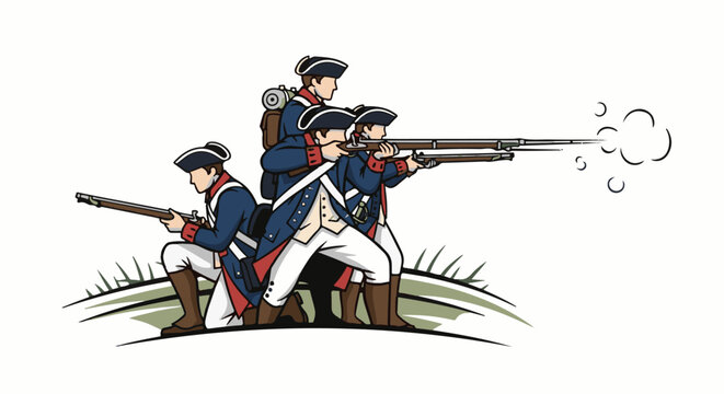 Historical soldiers in blue coats and white pants fire muskets in unison