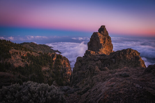 Sunset view on Pico de las Nieves - highest mountain in island Gran Canaria, Spain. March 2026