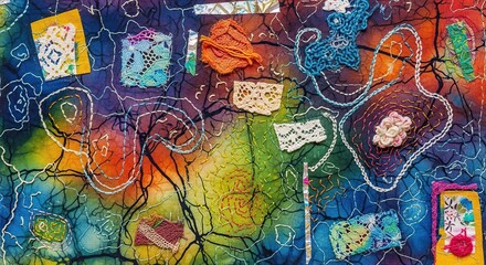 Fototapeta premium Fabric Art Design with Stitching Lace Colorful Textile Background