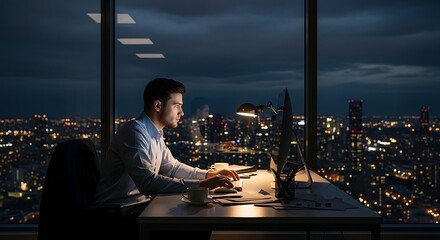 Obraz na płótnie Canvas Businessman working late in office with city view