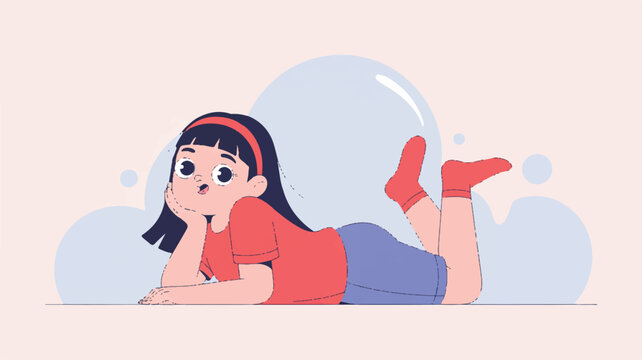 cartoon girl lying on her stomach with a thoughtful expression on a pastel background