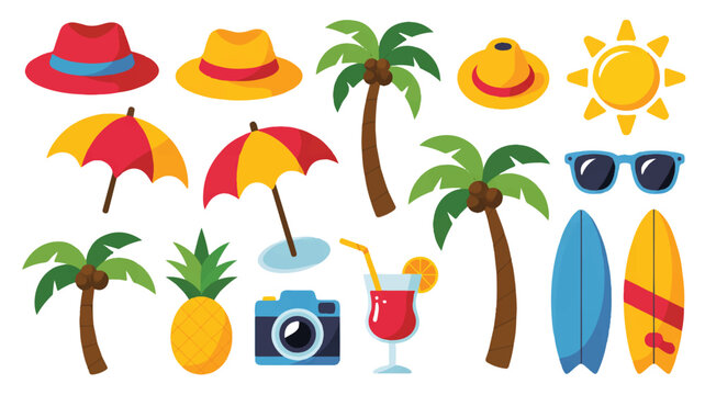 cartoon summer vacation items on white background