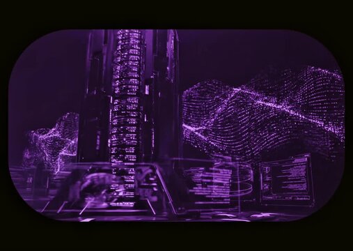 Futuristic purple neon data center animation with server tower and digital particle wave