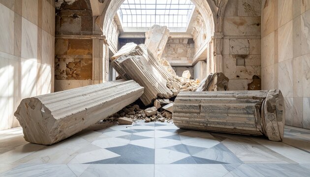 Ancient fallen stone pillars lie broken within a ruined classical marble temple, showcasing the dramatic beauty of architectural decay in a cinematic widescreen composition of historic elegance.