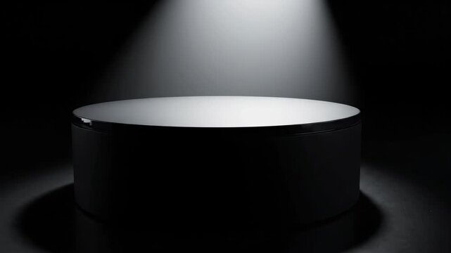 A dark circular stage is spotlighted from above, casting a soft glow on the ground in a dim setting