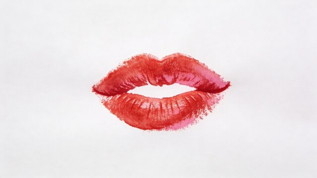 Vibrant red lipstick lips are pressed together on a white background