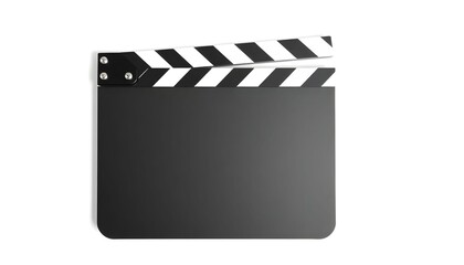Fototapeta premium A film clapper board is shown on a white background indoors.