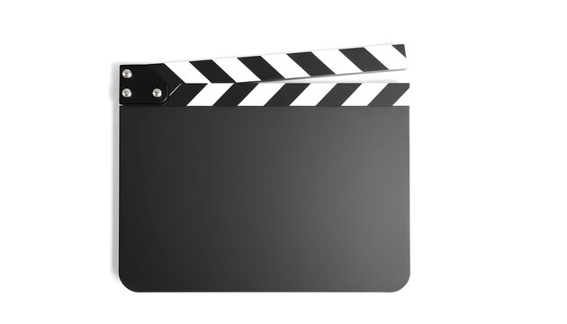 A film clapper board is shown on a white background indoors.