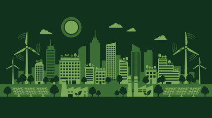 Fototapeta premium An eco-friendly sustainable city illustration depicts renewable energy sources and green architecture.