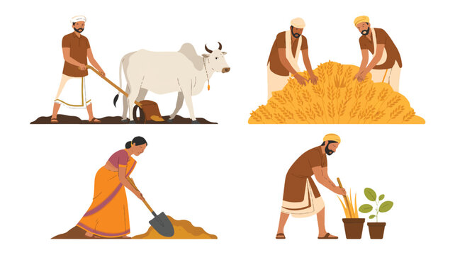 Farmers working in agriculture with oxen and plants