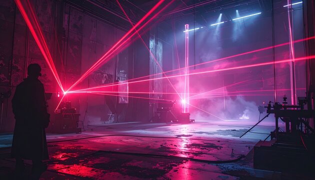 A silhouette figure observes precision red laser emitters projecting vibrant crimson beams across a dark industrial glass laboratory, creating a cinematic atmosphere of advanced scientific research.