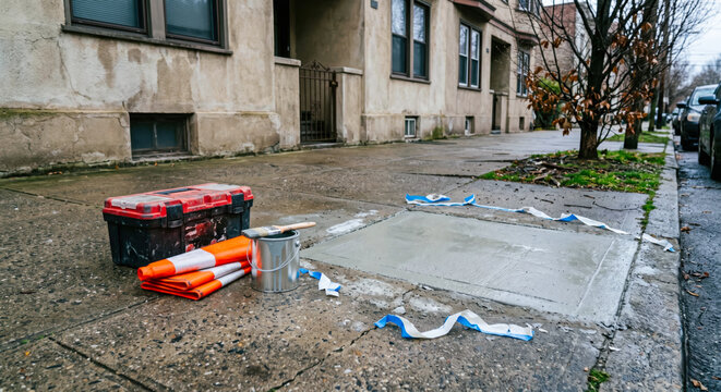 Wet concrete patch repair on a city sidewalk with construction tools and caution markers outside residential buildings on a rainy day. Urban infrastructure maintenance concept.