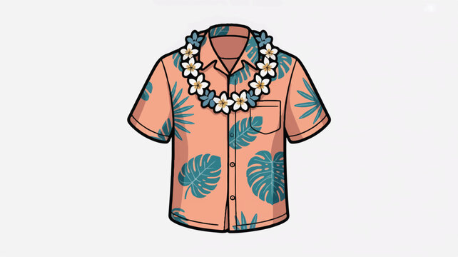 Hawaiian style short sleeve shirt with lei necklace and tropical leaf print