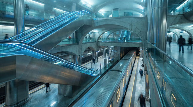 modern underground metro station with train escalators glass walkways commuters urban transit architecture public transportation infrastructure mobility city travel concept futuristic commute