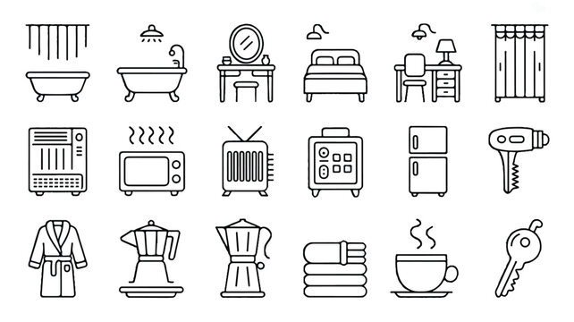 line icons of hotel objects and appliances in one line