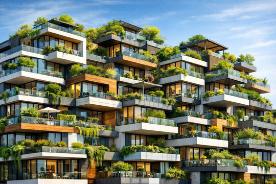 Moderne Wohnfassade, mit Versetzte Balkone und &uuml;ppige Dachterrassen bilden ein rhythmisches Spiel aus Architektur und Natur. 