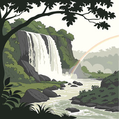 tropical waterfall landscape illustration with rainbow and lush vegetation © Rifat