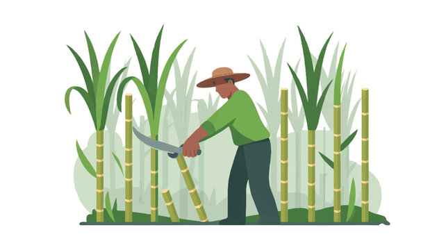 man cutting sugarcane with machete in field