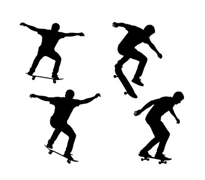Silhouettes of skateboarders performing tricks on skateboards in dynamic poses