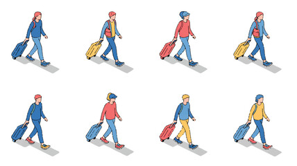 Fototapeta premium People walking with suitcases and backpacks in various casual outfits