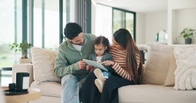 Parents, child and tablet with game on sofa for problem solving, development or bonding activity. Learning, family or kid with tech in home for playing online puzzle, digital literacy or relationship