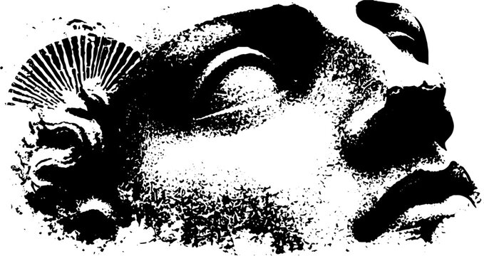Reclining broken statue head high contrast black and white ink composition for poster background and graphic design
