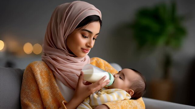 Mother lovingly feeds baby with bottle in warm living room. Soft lighting creates cozy ambiance. Concept of family bonding, parenting, early childhood