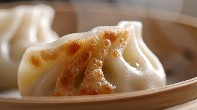 Delicious Steamed Dumplings with Crispy Bottom Served on a Wooden Plate.