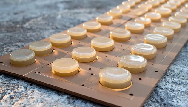 Polished circular beige plastic components arranged in precise rows on a specialized silicone mat, showcasing industrial manufacturing, modular design, and repetitive engineering precision.