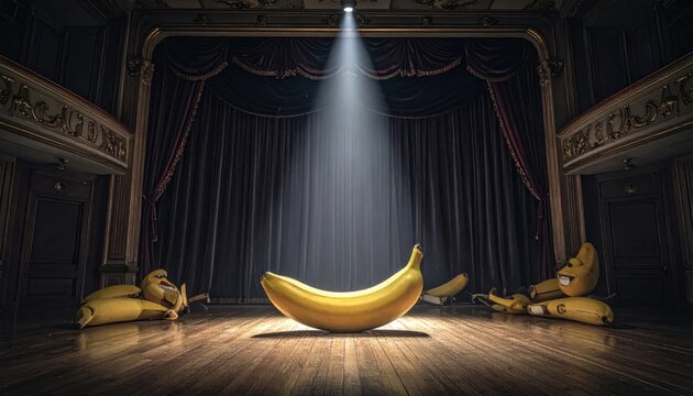 Lonely banana on theater stage spotlight.