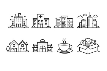 Naklejka premium Vector Line Icon Set of Urban Buildings and City Life Elements Featuring Hospital, Hotel, Apartment, Skyscraper Skyline, Residential House, Shopping Mall, Coffee Shop, and Charity Donation Box.
