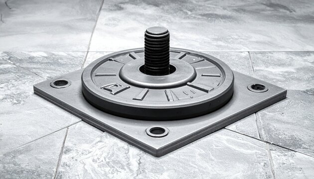 Industrial steel floor anchor bolt assembly, heavy duty metal mounting plate with threaded stud for secure construction and structural stability in a high traffic commercial workshop environment.