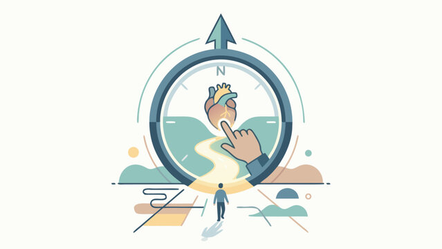 Flat Vector Illustration of a Moral Compass with a Human Heart and Pointing Hand, Symbolizing Ethical Direction, Inner Guidance, Life Journey, Intuition, and Following Your Heart for Success Path.