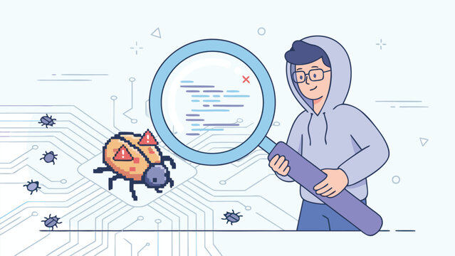 Software Developer or Hacker Holding a Large Magnifying Glass to Find Bugs in Computer Code, Debugging and Cybersecurity Concept with Pixel Art Insects on a Circuit Board, Flat Vector Illustration