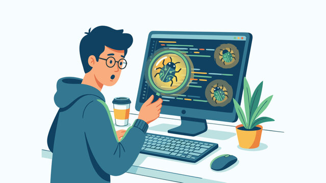 Flat vector illustration of a software developer holding a magnifying glass to find bugs in computer code on a monitor. Concept of programming, debugging, quality assurance, and IT work.
