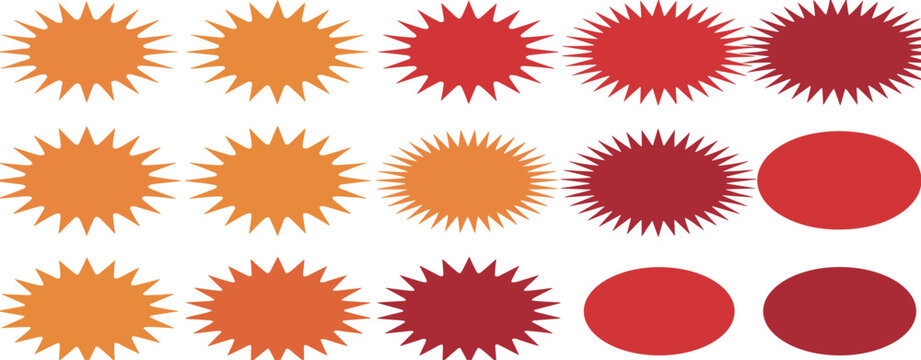 Assortment of starburst shapes and solid circles in warm red and orange hues