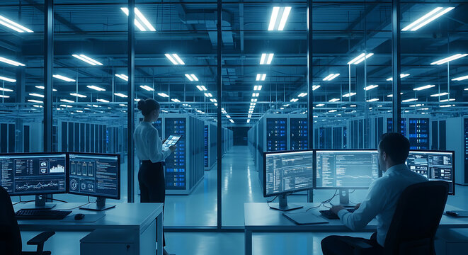 IT professionals monitoring servers in modern high tech data center facility